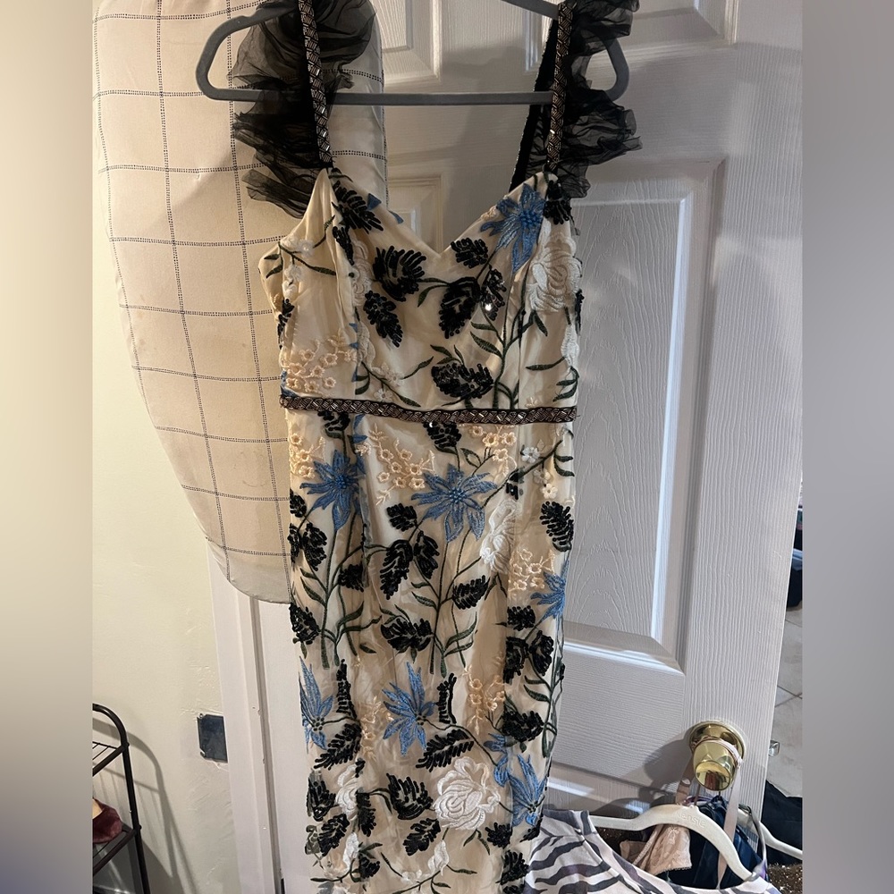Lulu's Cream Midi Dress with Blue & Black Floral Embroidery